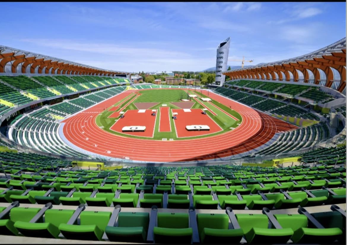 Inside Hayward Field with the Oregon track and stadium seating