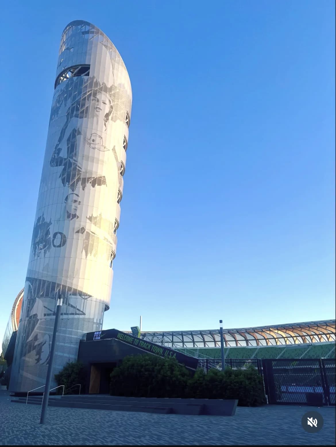 Welcome to TrackTown USA tower outside Hayward Field in Eugene, Oregon