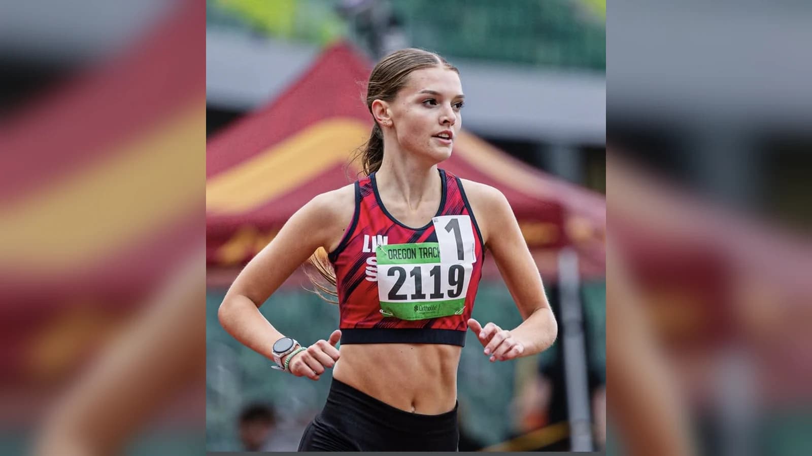 Layla Williams competing at Hayward Field after finishing first female in the Oregon Track Club mile